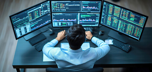 A trader analyzes data on multiple screens to make informed decisions in the fast-paced world of finance and investment.