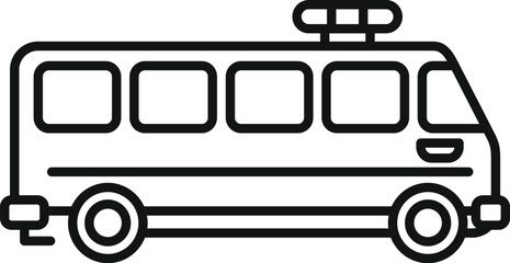 Poster - simple black line drawing of a passenger bus transporting people on a white background