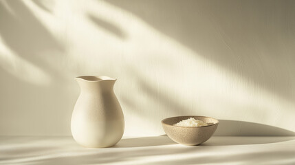 a jug of rice milk with a small bowl of rice against an isolated muted pearl white background