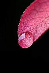 Sticker - Water Droplet on Pink Leaf with Black Background