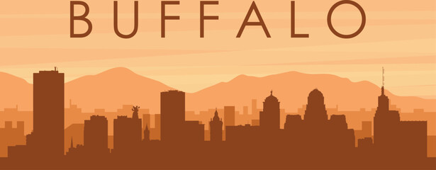 Wall Mural - Brown panoramic poster of the city skyline with misty background buildings, sunrise, clouds and mountains of BUFFALO, UNITED STATES