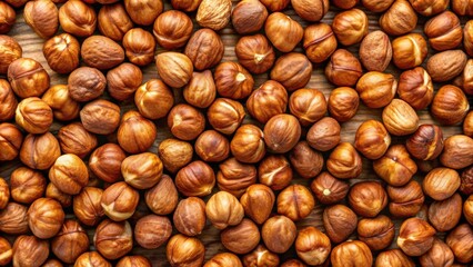 Peeled roasted hazelnuts arranged in a wide panorama from above, food, nuts, healthy, organic, snack, ingredient, nutty