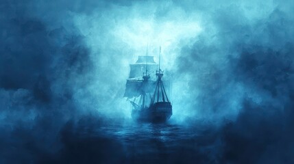 Canvas Print - Mysterious Sailing Ship in Foggy Sea  Ocean  Blue  Water  Nautical  Adventure  Travel  Fantasy  Artistic