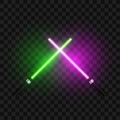 Crossed light swords on transparent background, vector illustration.