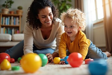 Wall Mural - Mother and child playing with colorful balls on the floor