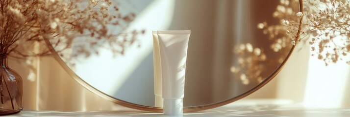 Poster - A tube of cream sits on a table, mirrored beautifully, with sunlight filtering through and dried flowers adorning the scene. Generative AI