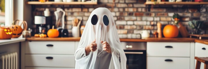 Child dressed as a ghost with eye cutouts in a Halloween-themed kitchen, creating a charming and spooky party atmosphere.