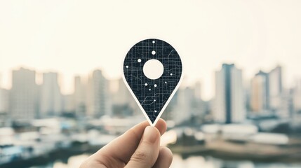 Fototapete - Hand Holding Location Pin Over City Skyline