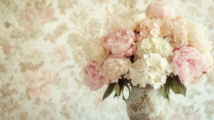 Poster - A beautiful bouquet featuring peonies and hydrangeas in soft hues, elegantly arranged in an antique vase set against a lovely backdrop. Generative AI