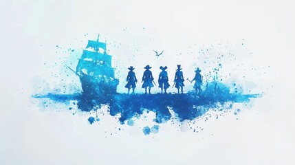 Canvas Print - Watercolor Silhouette of Pirates Standing Before a Ship