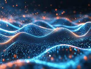 Poster - Abstract Blue and Orange Glowing Particle Waves.