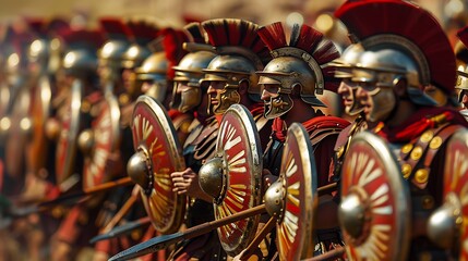 A formation of ancient Roman soldiers in armor, ready for battle, showcasing military discipline and strategy.