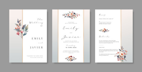 Wall Mural - Beautiful wedding invitation template with floral watercolor