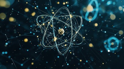 Poster - Abstract Atom Nucleus Structure with Glowing Lines and Bokeh