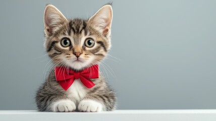 Wall Mural - A kitten wearing a red bow tie is sitting on a table