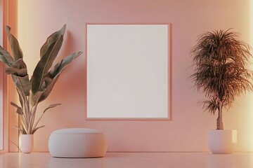 Poster - Minimalist Interior Design with Empty Frame, Plush Ottoman, and Plants