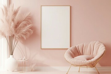 A Pink Room with a Golden Frame, a Plush Chair, and Pampas Grass in a White Vase