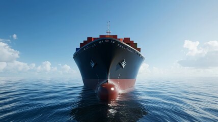 A large ship is in the water with a blue sky in the background