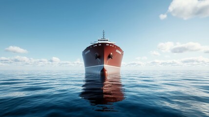 A large red ship is in the water with a blue sky in the background