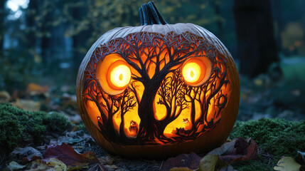 Wall Mural - Pumpkin carving of a haunted forest with glowing eyes.