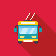 Poster - Green trolleybus driving along the street with long shadow on red background