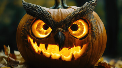 Wall Mural - Pumpkin carving featuring a spooky owl with large eyes.