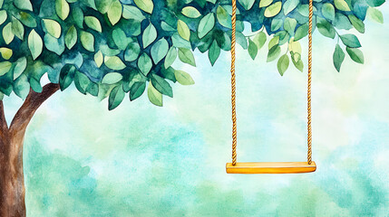 Poster - Watercolor Illustration of a Swing Hanging from a Tree Branch, Perfect for Summer Designs, Greeting Cards, and More!