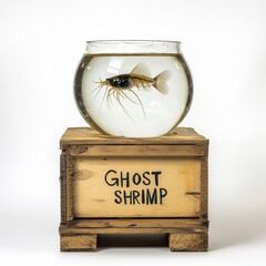 A ghost shrimp is displayed inside a round glass bowl, which sits on a rustic wooden box labeled 