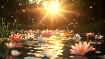 Wall Mural - sun shining and flower floating on water