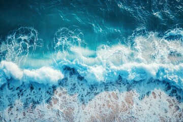 Summer seascape beautiful closeup. Blue sea water in sunny day. Top view from drone. Sea aerial surf, amazing tropical nature background. Mediterranean bright sea bay waves splashing beach sandy , ai