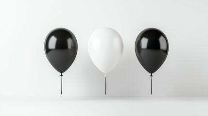 Three balloons, one black and two white, are floating in the air