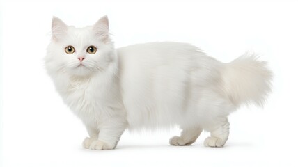 A white cat with a greenish-yellow face stands on a white background