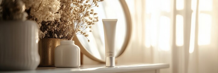 Leinwandbilder - A tube of cream stands on a dresser reflecting in a mirror next to a vase of dried flowers, illuminated by soft golden sunlight. Generative AI