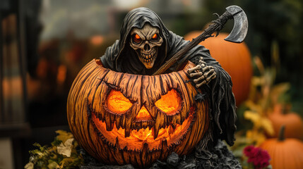 Wall Mural - Detailed jack-o-lantern with a grim reaper holding a scythe.