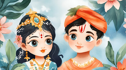 Adorable Watercolor Illustration of Radha Krishna for Indian Festival Celebrations