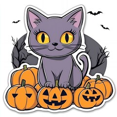 Wall Mural - Cute Black Cat Sitting on Pumpkins for Halloween