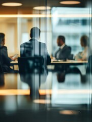 Business meeting behind glass wall partition, with focus on transparent divider surface – corporate teamwork, office privacy, modern workspace design