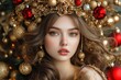 © pisan - Stunning Young Woman in Festive Ornament Crown and Earrings, Christmas Fashion, Holiday Style, Elegant Holiday Attire, Beautiful Winter Look, Glamourous Christmas Outfit, Festive Hair Accessories