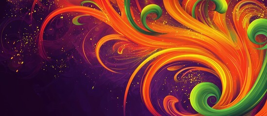 Canvas Print - Vibrant vector design of orange swirls and green arcs on purple, enhanced with yellow highlights.