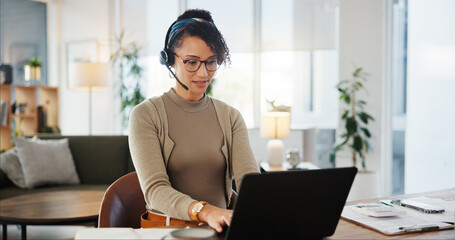 Poster - Virtual assistant, headset and woman typing on laptop in home office for customer service, support or remote work. Freelancer, microphone and call center agent on computer for crm or lead generation