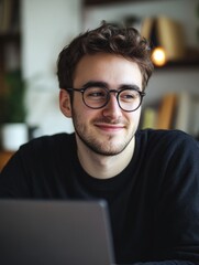 Wall Mural - A Young Man Smiling at the Camera with a Laptop