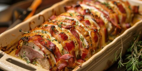 Poster - Roasted pork tenderloin wrapped in bacon ham and cheese in a casserole