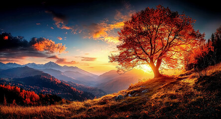 Sunset lighting up a tree in autumn in the mountains, orange scenic sky and clouds, peaceful meadow at dawn in the hills, colorful countryside