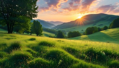 Green grass under the daylight, rolling hills, spectacular natural scenery.