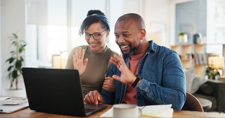 Sticker - Couple, wave and laptop in home for video call, hello or communication on internet. People, happy or tech in living room for contact, connectivity or live streaming at table for distant family update