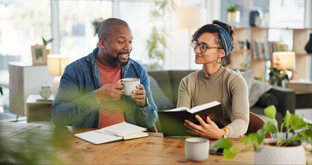 Wall Mural - Couple, people and smile with reading bubble for religious or spiritual guidance, belief and knowledge. Relationship, love and Christians with scripture or verse on holy book to worship at home