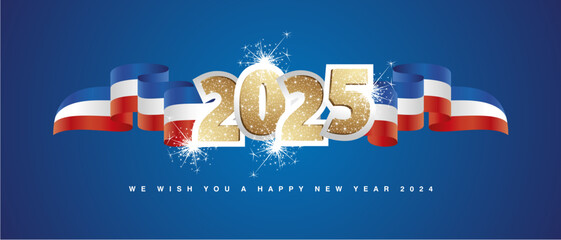 Wall Mural - 2024 New Year concept design template with golden glitter 2025 front on France blue white red wavy flag ribbon. 2025 premium design vector with light sparkle firework isolated on blue background