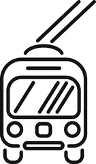 Poster - simple black and white line icon of an electric trolleybus driving forward