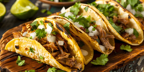 Delectable carnitas tacos with succulent pork and fresh cilantro on a wooden platter