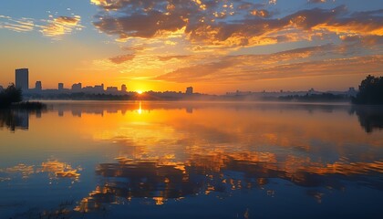 As the sun sets, golden light shines on the tranquil lake, and the outline of the city in the distance is looming in the mist, showing a harmonious and beautiful natural landscape.